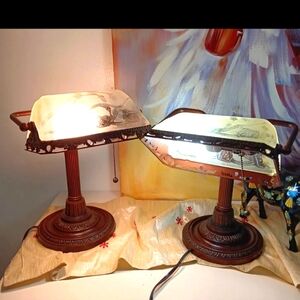 Two table lamps, desk lamps, Art Noveau Galle Style,  Ornate Base & Glass Shade